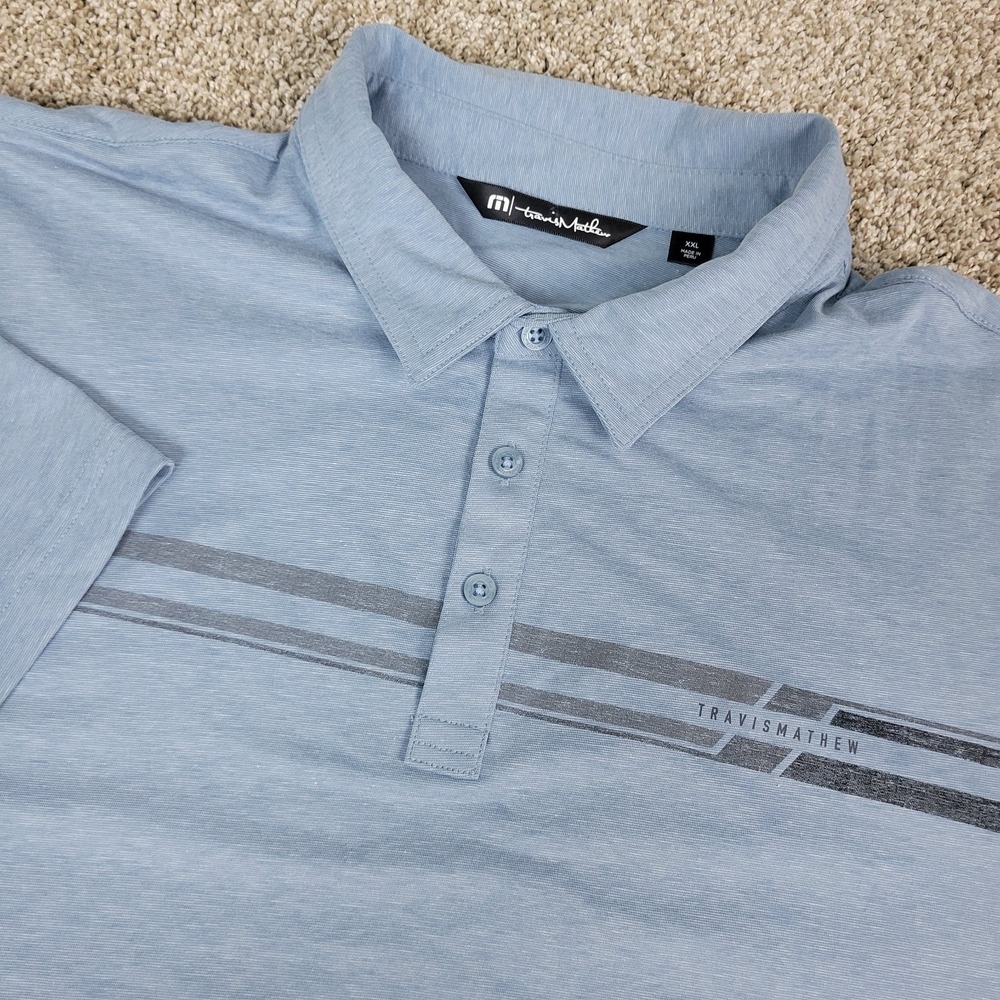 Travis Mathew‎ Mens 2XL Blue Chest Stripe Performance Stretch Polo Short Sleeve